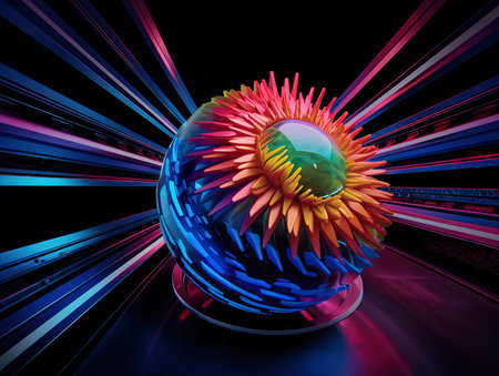 3D rendering of a crystal ball with colorful lights in the backgroundの素材