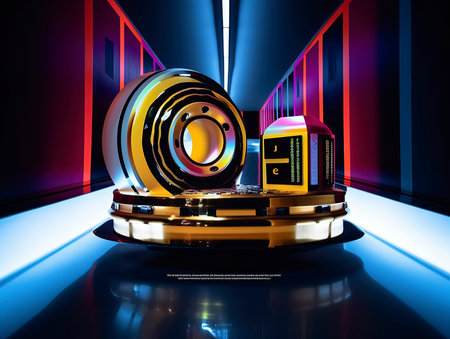 3d illustration of a sound system in a room with neon lightsの素材
