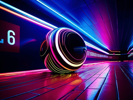 Abstract futuristic tunnel with glowing neon lines. 3D Rendering.の素材