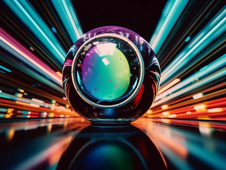 3D rendering of a crystal ball on a dark background with a colorful bokehの素材