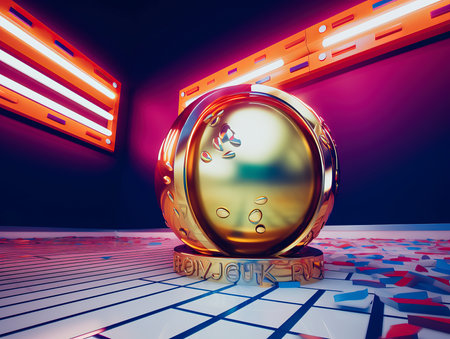 3d rendering of a golden sphere in the dark background with neon lightsの素材