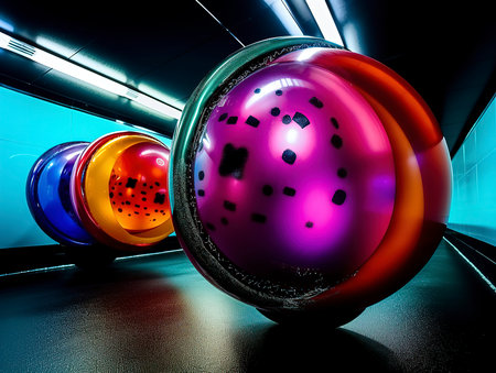 3d rendering of colorful bowling balls in a corridor of modern buildingの素材