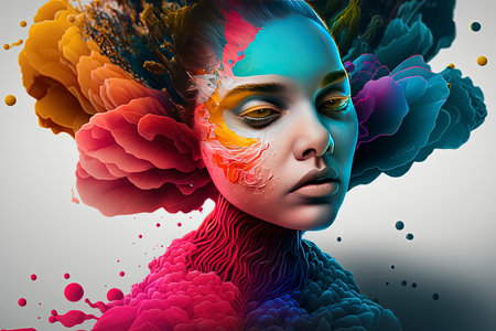 Portrait of beautiful young woman with creative make-up and abstract colorful paint splashesの素材