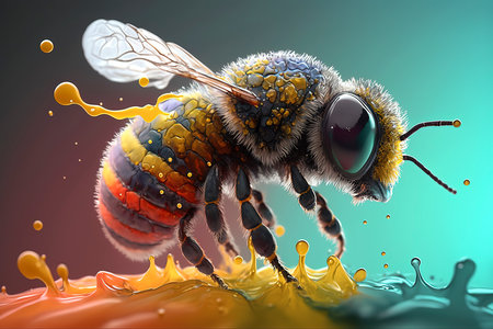 3d render of bee with honey and colorful paint splashes.の素材