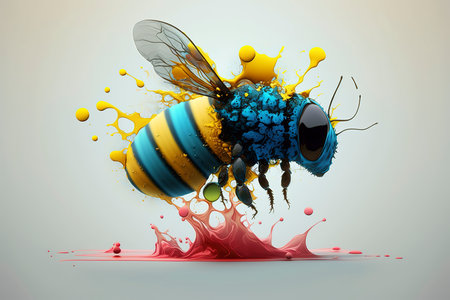 Honey bee with colorful paint splashes. 3d illustration.の素材
