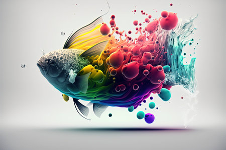 Abstract colorful fish on grey background. 3D rendering and illustration.の素材