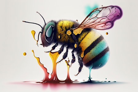 Bee and colorful paint splashes on white background. 3D renderingの素材