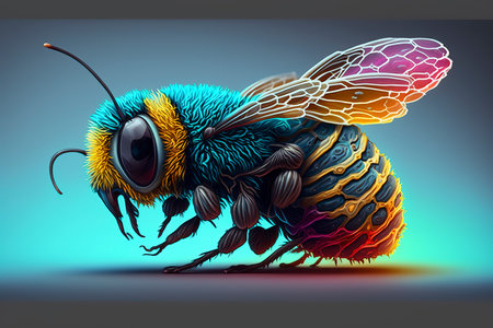 Bee on a blue background. 3d rendering. Computer digital drawing.の素材