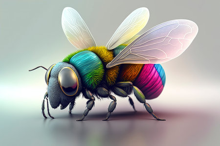 3d render of a bee with multicolored wings on a white backgroundの素材