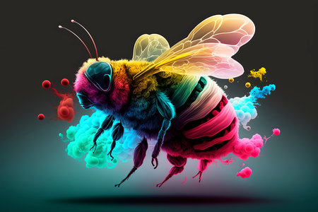 Vector illustration of a bee with colorful smoke on a black background.の素材