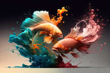 Colorful goldfish splashing in water. 3D rendering.の素材