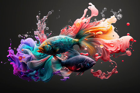 Colorful fish with water splash on black background. 3d renderingの素材