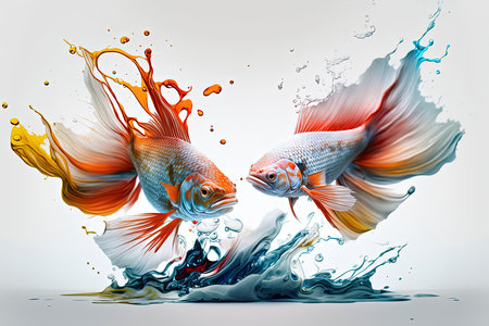 Beautiful fighting fish in water splash on white background. 3d renderingの素材