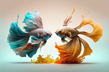 Two beautiful fighting fish, isolated on white background. 3d rendering.の素材