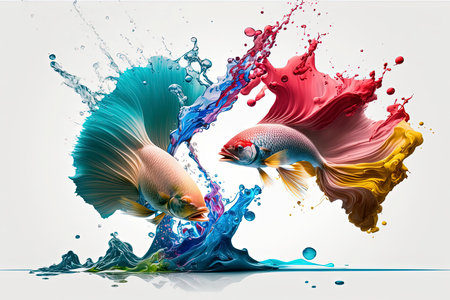 Colorful fighting fish splashing isolated on white background. 3d renderingの素材