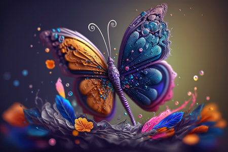 Butterfly with water drops and leaves. 3d illustration.の素材