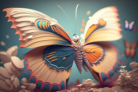 3d illustration of colorful butterfly over blue background with butterflies in itの素材