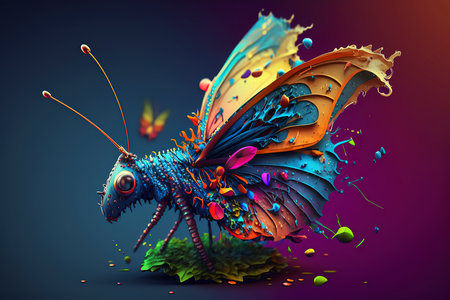 3D illustration of a butterfly with colorful wings and paint splashesの素材