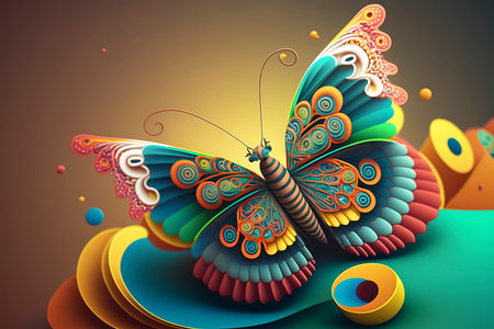 Colorful butterfly on a colorful abstract background. 3d illustration.の素材