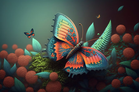Butterfly and flowers in the garden. 3D illustration.の素材
