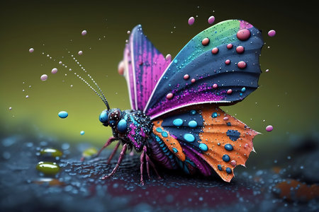 Colorful butterfly with water drops on colorful background. 3d illustrationの素材