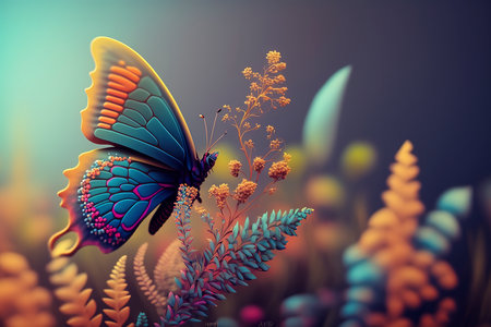 Butterfly with flower in the meadow. 3d illustrationの素材