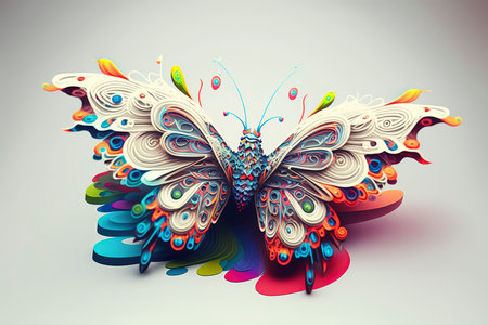 Colorful butterfly with abstract patterns on white background. 3D illustration.の素材