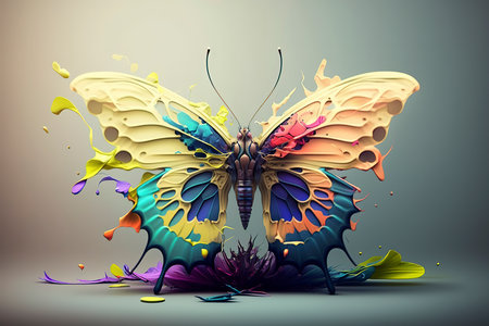 Butterfly with colorful paint splashes. 3D illustration.の素材