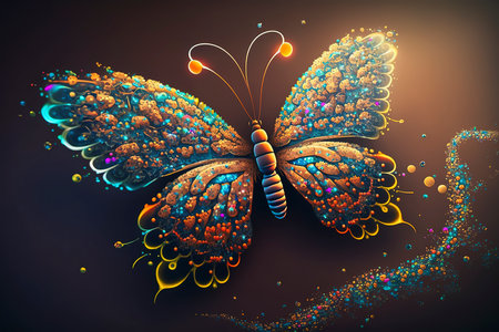 Colorful butterfly on black background. Psychedelic digital art. 3D rendering.の素材