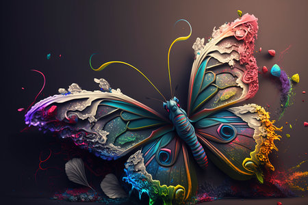 Colorful butterfly with abstract floral ornament on black background. 3d illustrationの素材