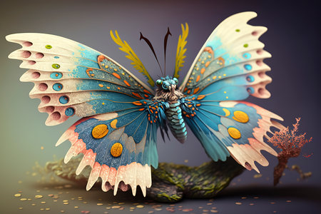 3d illustration of a butterfly with colorful wings on dark background.の素材