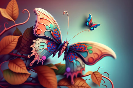 Butterflies and leaves. 3d illustration. Vintage style.の素材