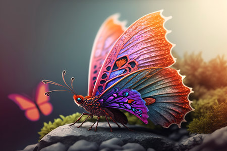 Colorful butterfly on a stone in the garden. 3d renderingの素材