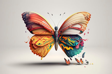 Colorful butterfly on a gray background. 3D illustration. Vintage style.の素材