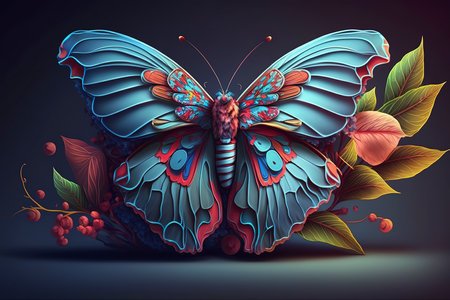 Butterfly with autumn leaves on a dark background. Vector illustration.の素材