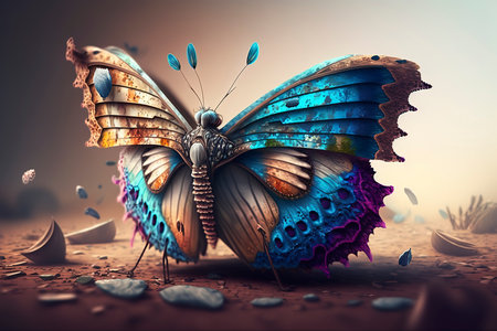 3d render of a butterfly in the desert. 3d illustration.の素材