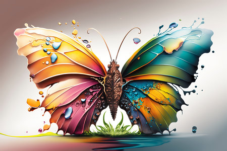 Butterfly with colorful splashes and drops. 3d illustration.の素材