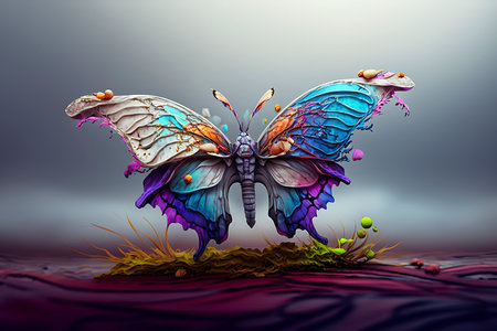 3d rendering of a butterfly in surreal surreal landscape. Digital art.の素材