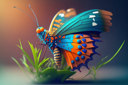 Butterfly on green grass, 3d illustration, close upの素材
