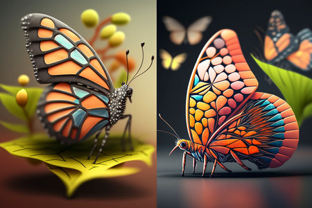 Butterfly and flower in the garden. 3D illustration.の素材