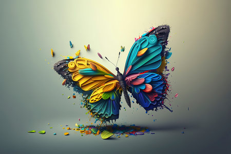 Colorful butterfly with paint splashes on grey background. 3D renderingの素材