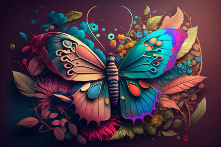 Beautiful butterfly with flowers on a dark background. Vector illustration.の素材