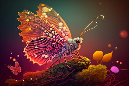 Butterfly on green moss with bokeh background, 3d illustrationの素材