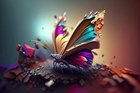 3d rendering of a colorful butterfly in a cracked wall background.の素材