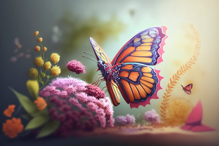 Butterfly and flowers in the garden. 3d illustration.の素材
