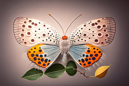 Butterfly and leaves on a gray background. 3d illustrationの素材