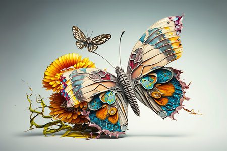 Butterflies and flowers in the form of a butterfly. 3d illustrationの素材