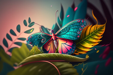 Butterfly on tropical leaves background. 3d render illustration.の素材