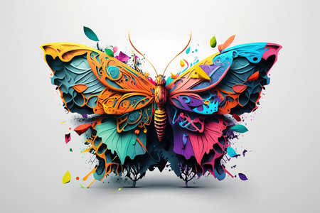 Colorful butterfly with abstract paint splashes. 3d illustration.の素材