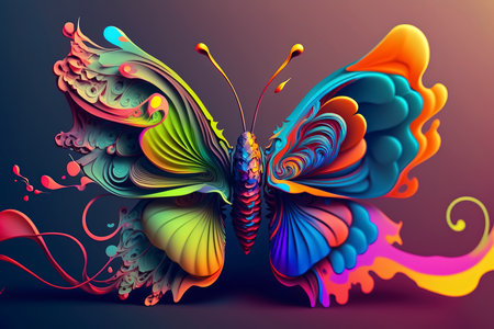 Colorful butterfly on a dark background. 3d rendering, 3d illustration.の素材